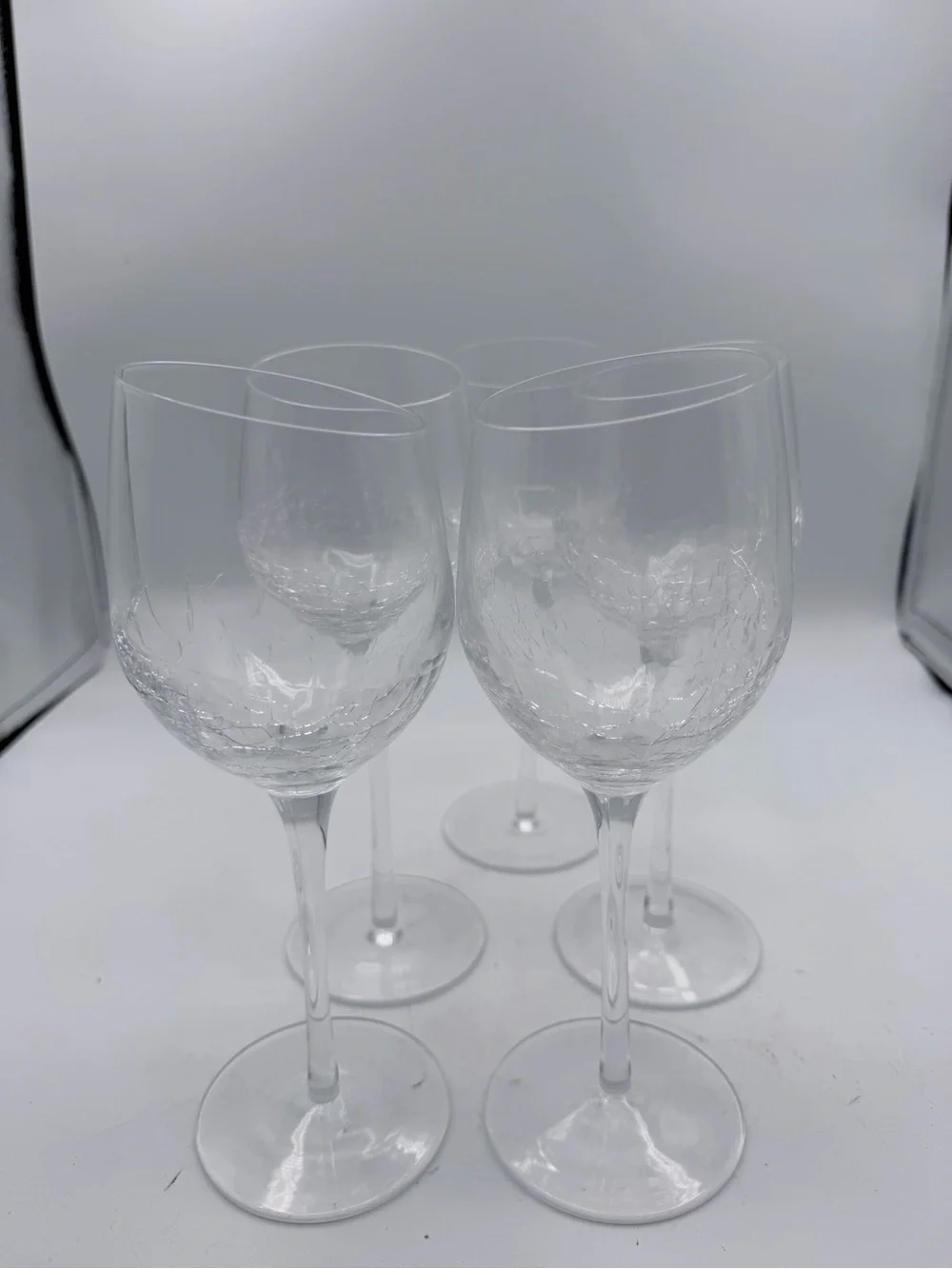 (5) Pier 1 Clear Crackle Balloon Red Wine Glass Goblet Angle Slanted Rim 8 5/8”